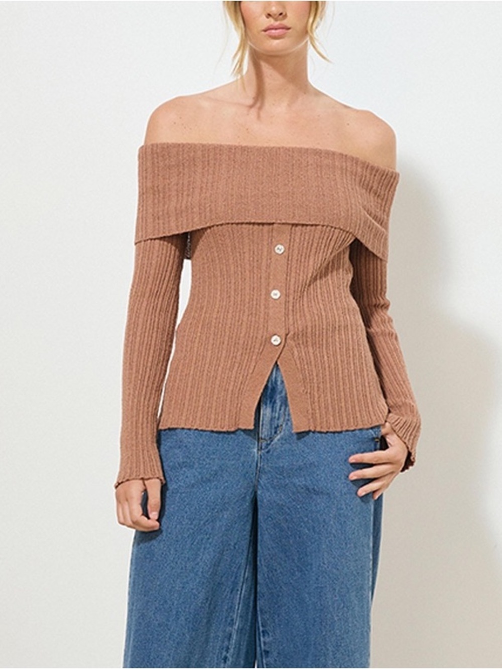 Mon Renn Eternal Off Shoulder Knit Top Hazelnut $138 Size Small